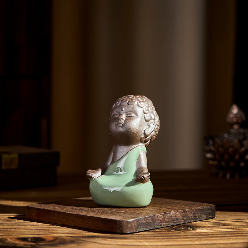 Prayer Meditation Resting Monk Statue – monk figurine beside open book and tea, ceramic statue, zen gift, meditation decor