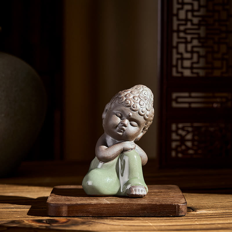 Prayer Meditation Resting Monk Statue – monk statue with jute twine bow as gift, ceramic statue, zen gift, meditation decor