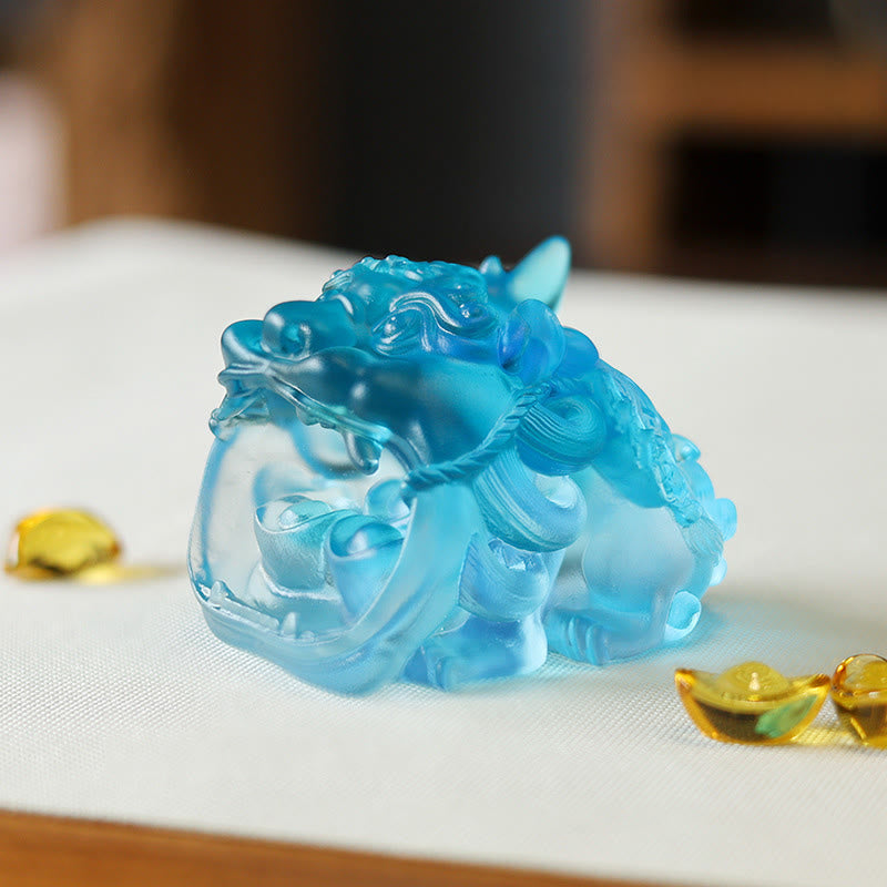 Handmade Liuli Crystal Gold Swallowing Pixiu – Blue liuli crystal Pixiu front view with gold ingots beside, wealth decor