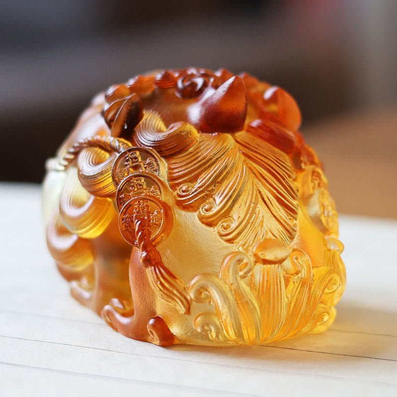 Handmade Liuli Crystal Gold Swallowing Pixiu – Rear angle showing three gold coin tassels on amber Pixiu tail, feng shui