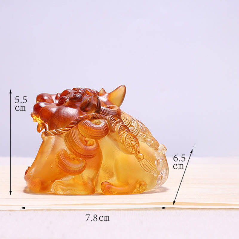 Handmade Liuli Crystal Gold Swallowing Pixiu – Side view with size dimensions 7.8x5.5x6.5cm, amber liuli ornament