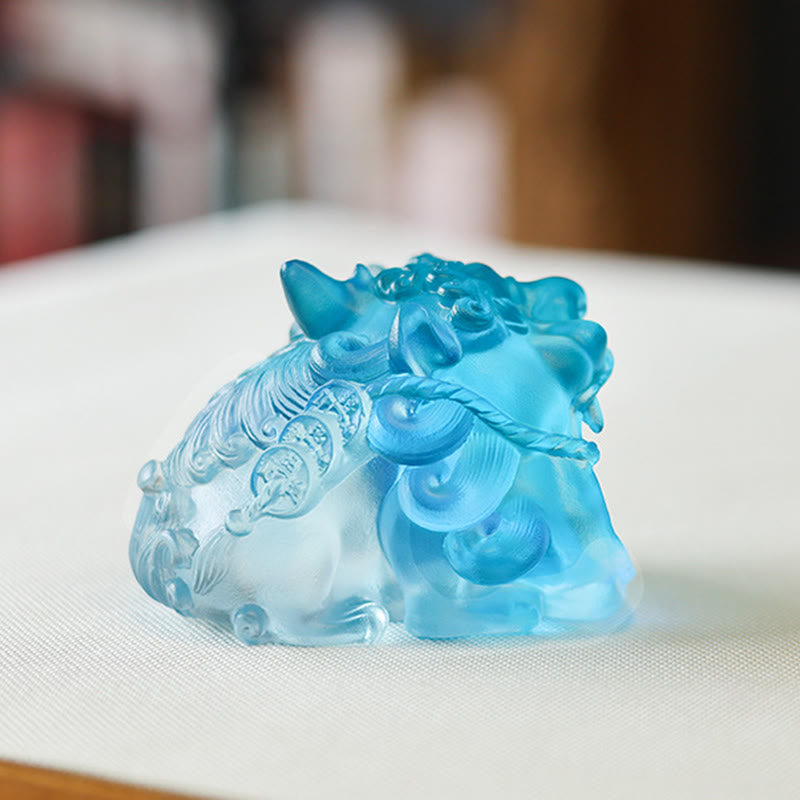 Handmade Liuli Crystal Gold Swallowing Pixiu – Blue liuli Pixiu rear view with coin charms on tail, good luck feng shui