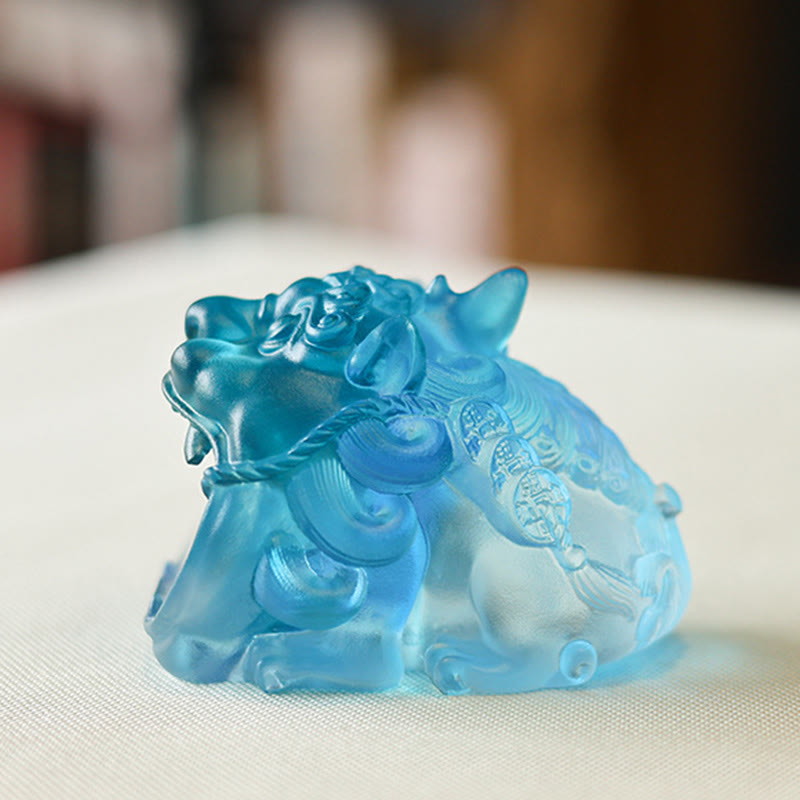 Handmade Liuli Crystal Gold Swallowing Pixiu – Blue crystal Pixiu side view showing carved mane details, prosperity ornament