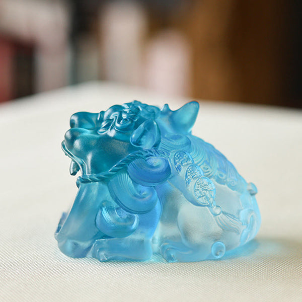 Handmade Liuli Crystal Gold Swallowing Pixiu – Blue crystal Pixiu side view showing carved mane details, prosperity ornament