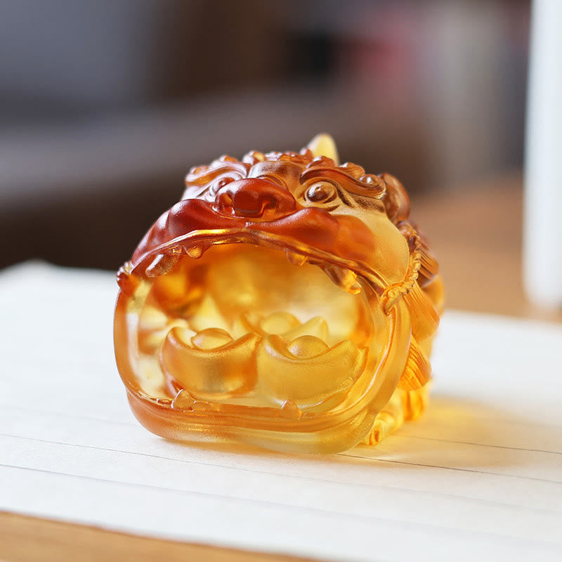Handmade Liuli Crystal Gold Swallowing Pixiu – Close-up of open mouth with gold ingots, amber crystal art decor