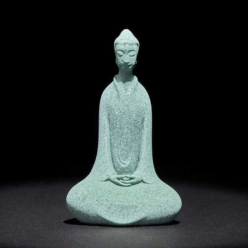 Sandstone Meditation Buddha Desk Statue – front view in sage-green sandstone, peaceful zen