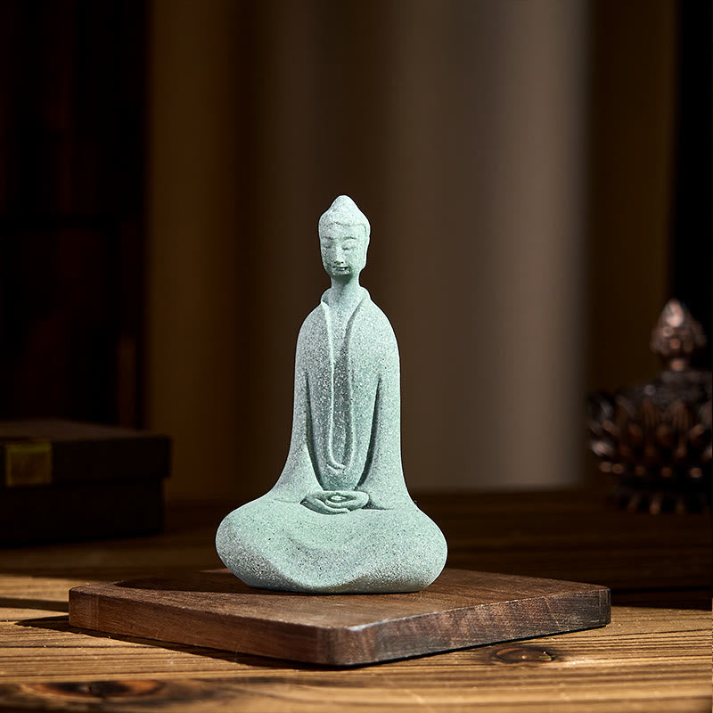 Sandstone Meditation Buddha Desk Statue – zen home display on wood base, golden ambient glow