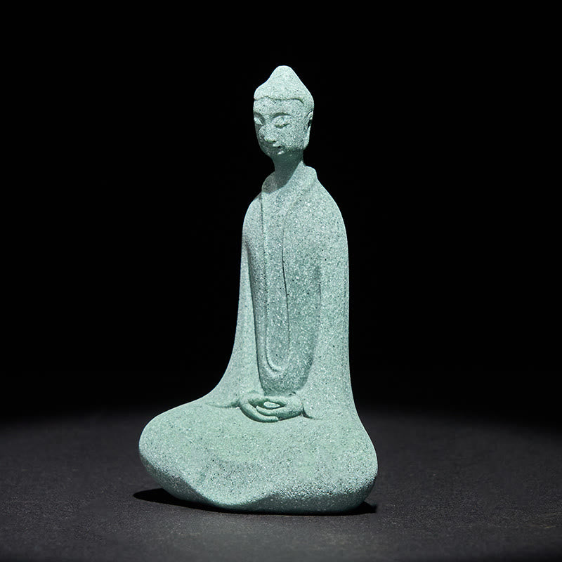 Sandstone Meditation Buddha Desk Statue – angled front view showing long robe folds, studio light