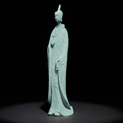 Sandstone Meditation Buddha Standing Statue – front view tall standing figure with raised hand on dark background, zen peace