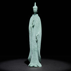 Sandstone Meditation Buddha Standing Statue – straight front view slender figure on dark background, minimalist art