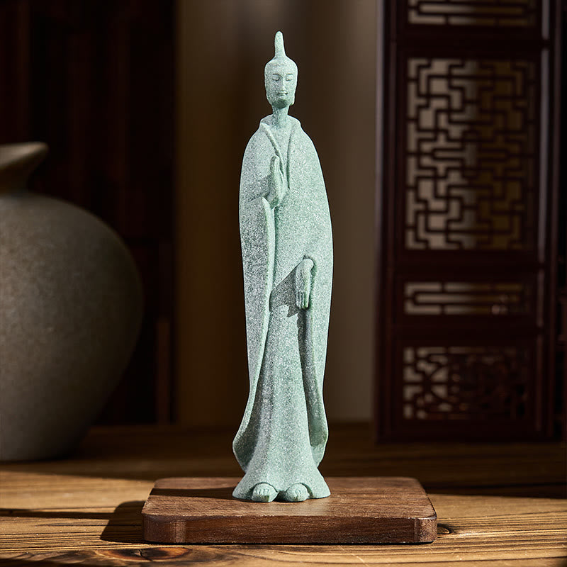 Sandstone Meditation Buddha Standing Statue – front view on wooden base with lattice screen backdrop, peaceful home decor