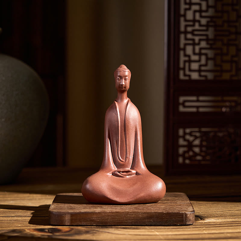 Purple Clay Formless Buddha Desk Decoration – On wooden stand in warm light with lattice screen, home altar