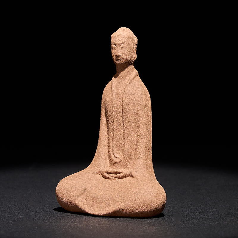 Ceramic Sitting Buddha Prayer Statue – Front view of textured Buddha in meditation pose on black, zen decor