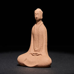 Ceramic Sitting Buddha Prayer Statue – Front view of textured Buddha in meditation pose on black, zen decor