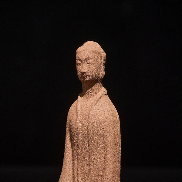 Ceramic Sitting Buddha Prayer Statue – Side closeup of face and robe texture with granular detail, macro