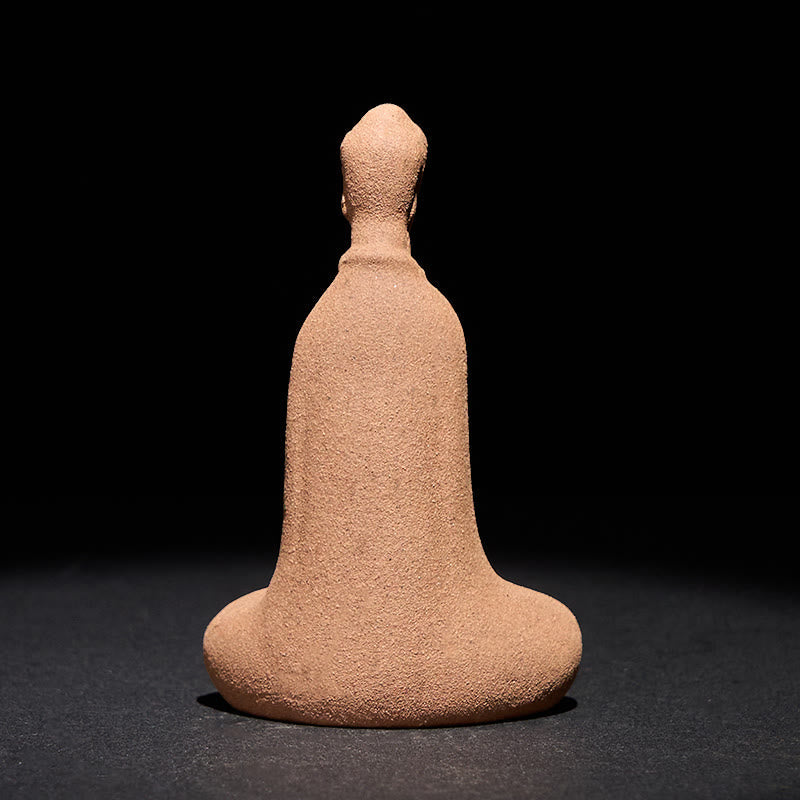 Ceramic Sitting Buddha Prayer Statue – Back view showing smooth ceramic contour and robe drape, full body