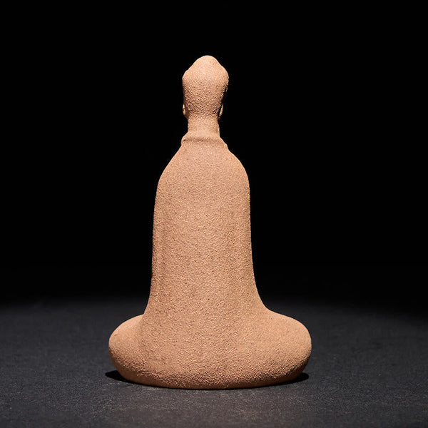Ceramic Sitting Buddha Prayer Statue – Back view showing smooth ceramic contour and robe drape, full body