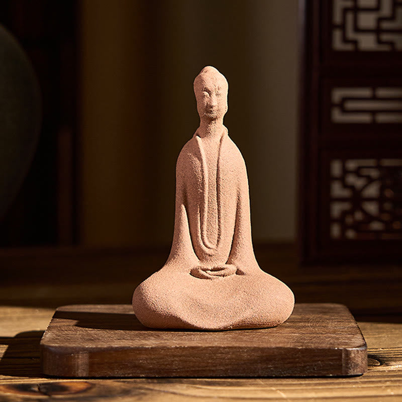 Ceramic Sitting Buddha Prayer Statue – On wooden stand in warm room with lattice screen, prayer altar