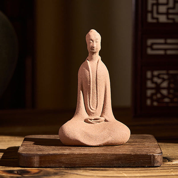 Ceramic Sitting Buddha Prayer Statue – On wooden stand in warm room with lattice screen, prayer altar