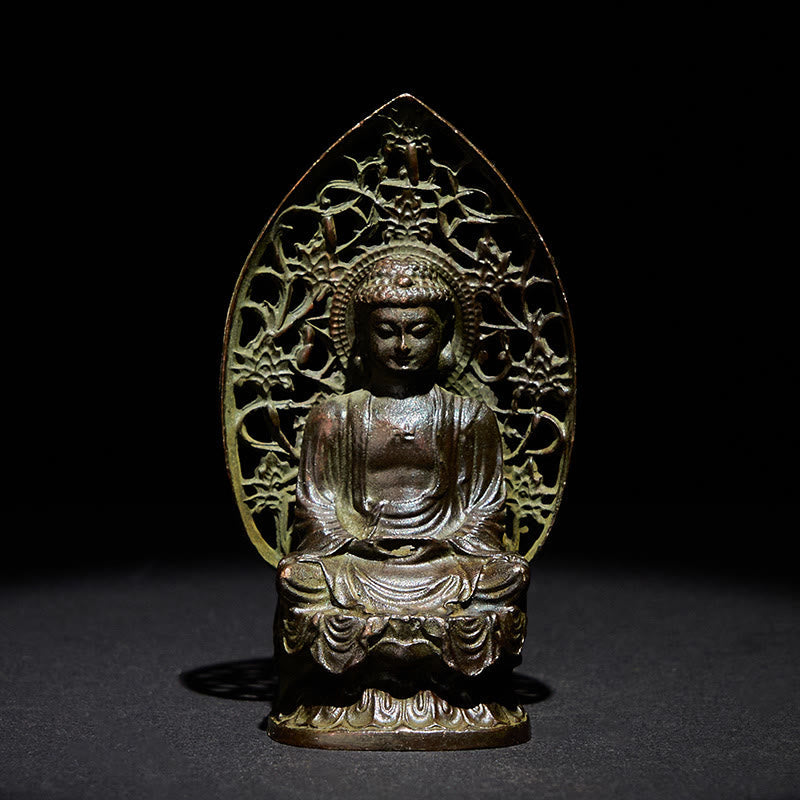 Tathagata Buddha Alloy Statue – Front view with ornate pierced halo on dark background, zen altar