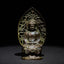 Tathagata Buddha Alloy Statue – Front view with ornate pierced halo on dark background, zen altar