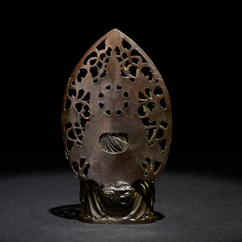 Tathagata Buddha Alloy Statue – Back view revealing intricate openwork halo pattern, alloy craft