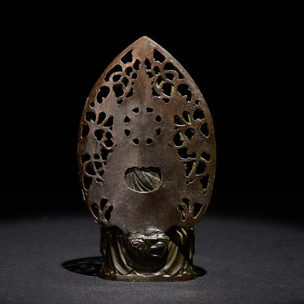 Tathagata Buddha Alloy Statue – Back view revealing intricate openwork halo pattern, alloy craft