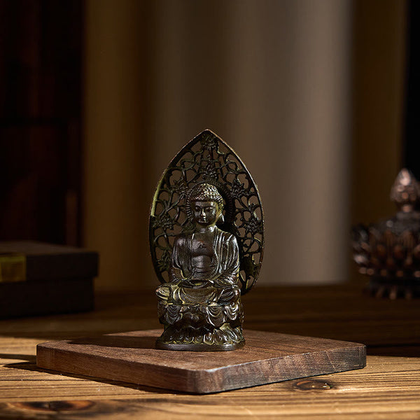 Tathagata Buddha Alloy Statue – Side-angled desk display with warm ambient lighting, calm gift