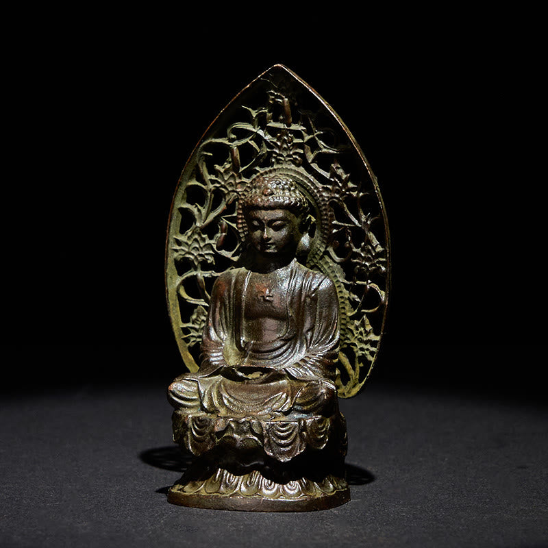 Tathagata Buddha Alloy Statue – Front studio shot highlighting seated posture and halo, blessing