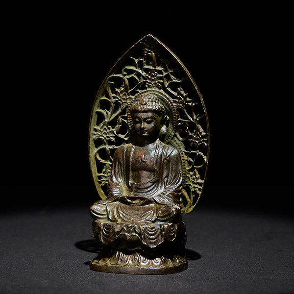 Tathagata Buddha Alloy Statue – Front studio shot highlighting seated posture and halo, blessing
