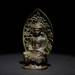 Tathagata Buddha Alloy Statue – Front studio shot highlighting seated posture and halo, blessing