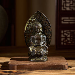 Tathagata Buddha Alloy Statue – Warm interior scene on wood stand with lattice screen, meditation