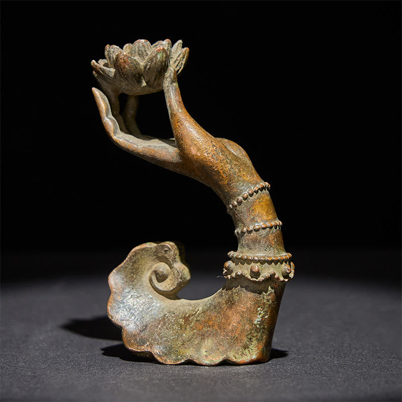 Buddha Hand Lotus Alloy Statue – Front view on dark studio background showing verdigris patina texture, zen decor