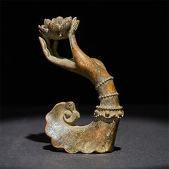 Buddha Hand Lotus Alloy Statue – Front view on dark studio background showing verdigris patina texture, zen decor