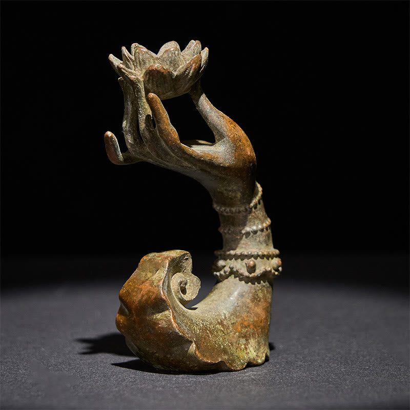 Buddha Hand Lotus Alloy Statue – Angled left side view highlighting curved hand posture, serenity accent