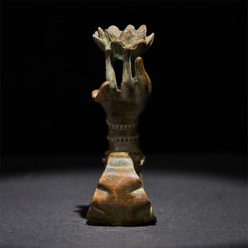 Buddha Hand Lotus Alloy Statue – Back view revealing lotus bloom and hand silhouette, meditation decor