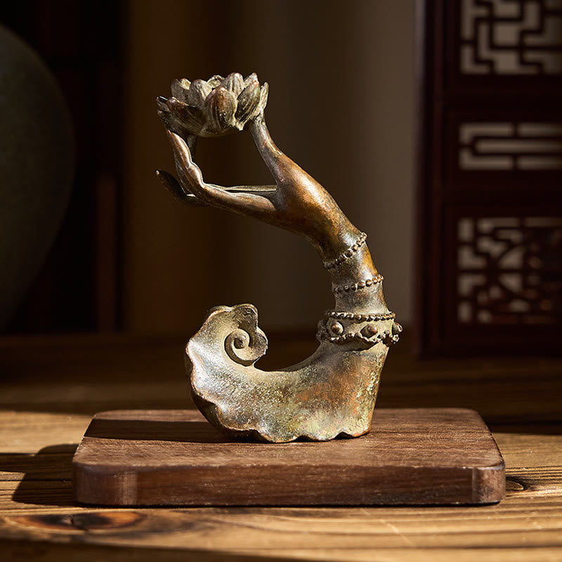 Buddha Hand Lotus Alloy Statue – Front view on wood surface with oriental screen, tranquil gift