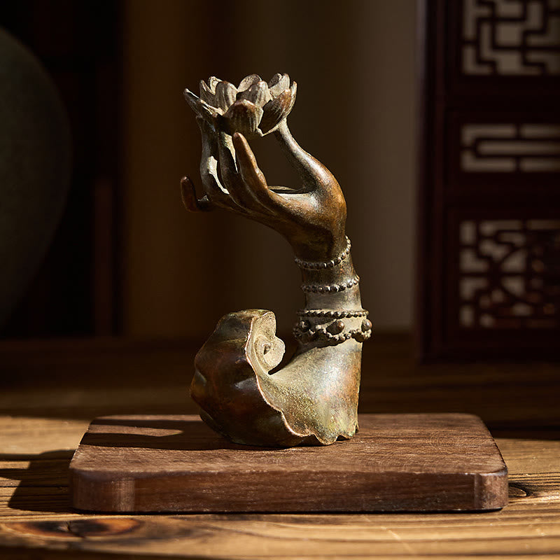 Buddha Hand Lotus Alloy Statue – Ethnic interior display with lattice screen backdrop, spiritual home