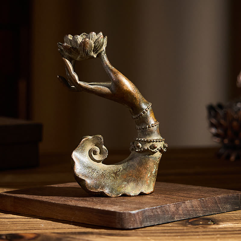 Buddha Hand Lotus Alloy Statue – Warm natural light on wooden desk display, luck ornament