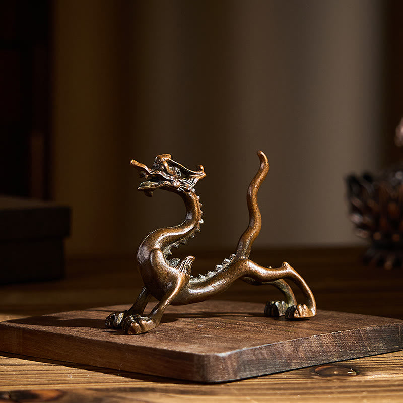 Mini Dragon Alloy Luck Protection Home Decoration – dragon clutching wealth coin on pedestal, Abundance