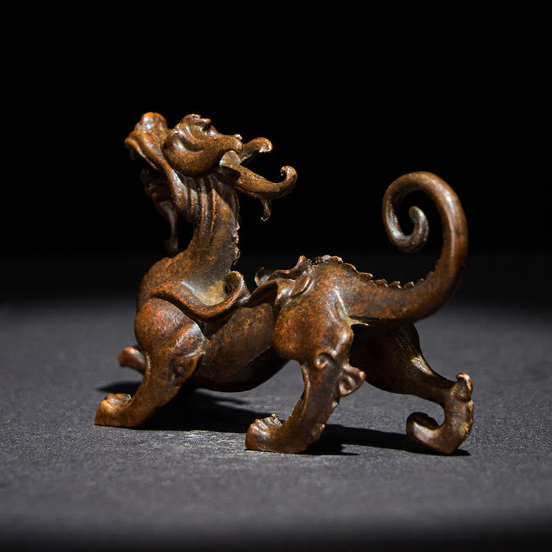 Feng Shui Pixiu Alloy Wealth Luck Decoration Ornament – Bronze Pixiu side profile on black background, running posture