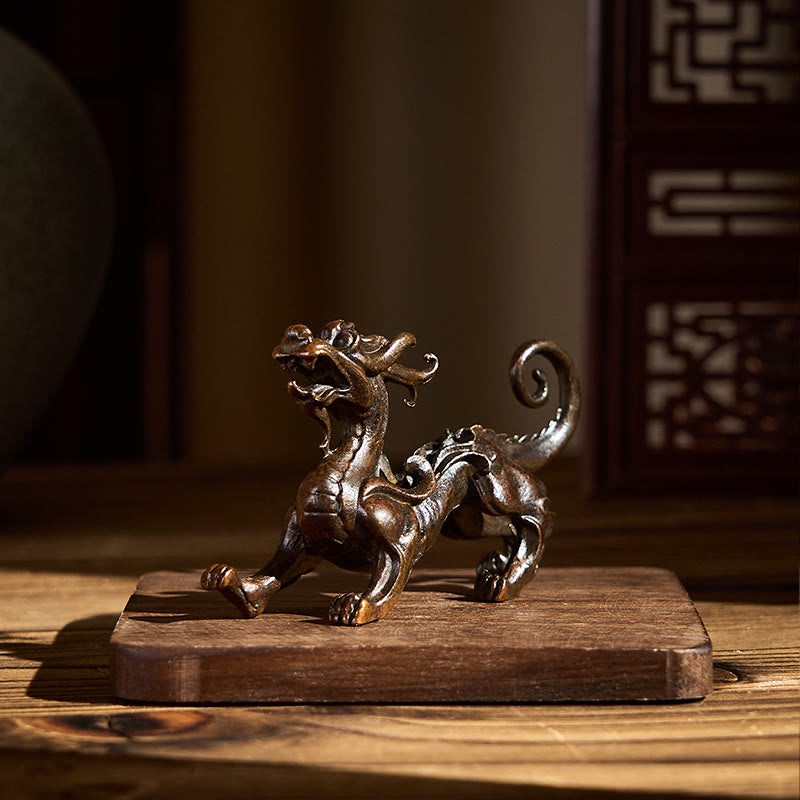 Feng Shui Pixiu Alloy Wealth Luck Decoration Ornament – Bronze Pixiu on wood base, alternate side angle, traditional setting