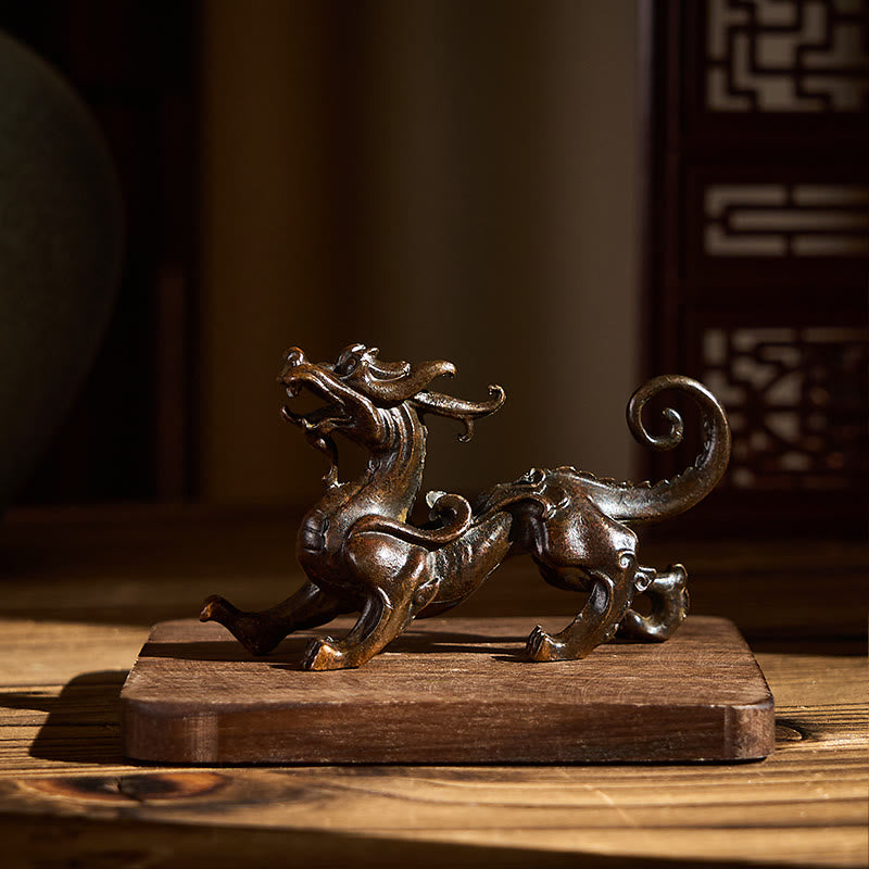 Feng Shui Pixiu Alloy Wealth Luck Decoration Ornament – Bronze Pixiu on wood base in Chinese room, warm ambient lighting