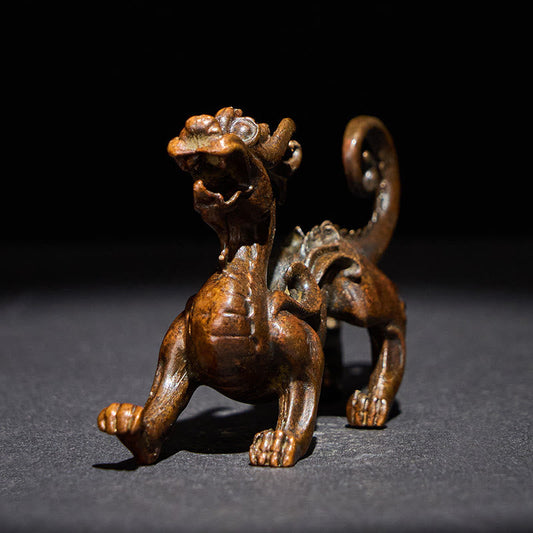 Feng Shui Pixiu Alloy Wealth Luck Decoration Ornament – Bronze Pixiu front angle showing open mouth and curled tail, dark bg