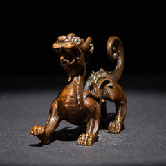 Feng Shui Pixiu Alloy Wealth Luck Decoration Ornament – Bronze Pixiu front angle showing open mouth and curled tail, dark bg