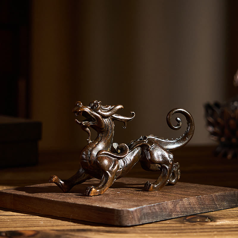 Feng Shui Pixiu Alloy Wealth Luck Decoration Ornament – Bronze Pixiu on wooden base, side view with Asian decor background