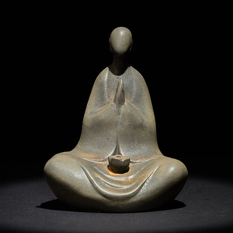 Iron Powder Formless Buddha Statue – front meditating figure with incense holder, dark studio background, zen mindfulness