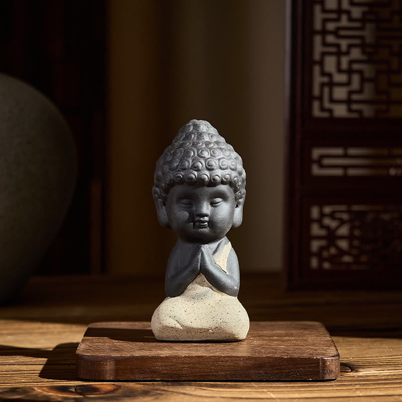 Tathagata Buddha Purple Clay Desk Statue – buddha statue on wooden base, handcrafted purple clay sculpture