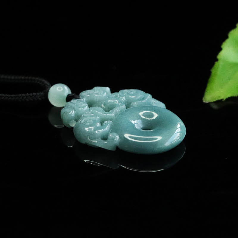 Double Pixiu Jade Peace Buckle String Necklace – front view with dark bowl background, feng shui jade pendant