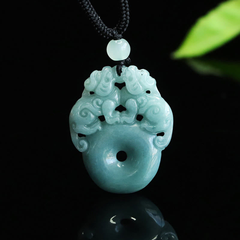 Double Pixiu Jade Peace Buckle String Necklace – light blue jade pendant front view black background, jade wealth necklace